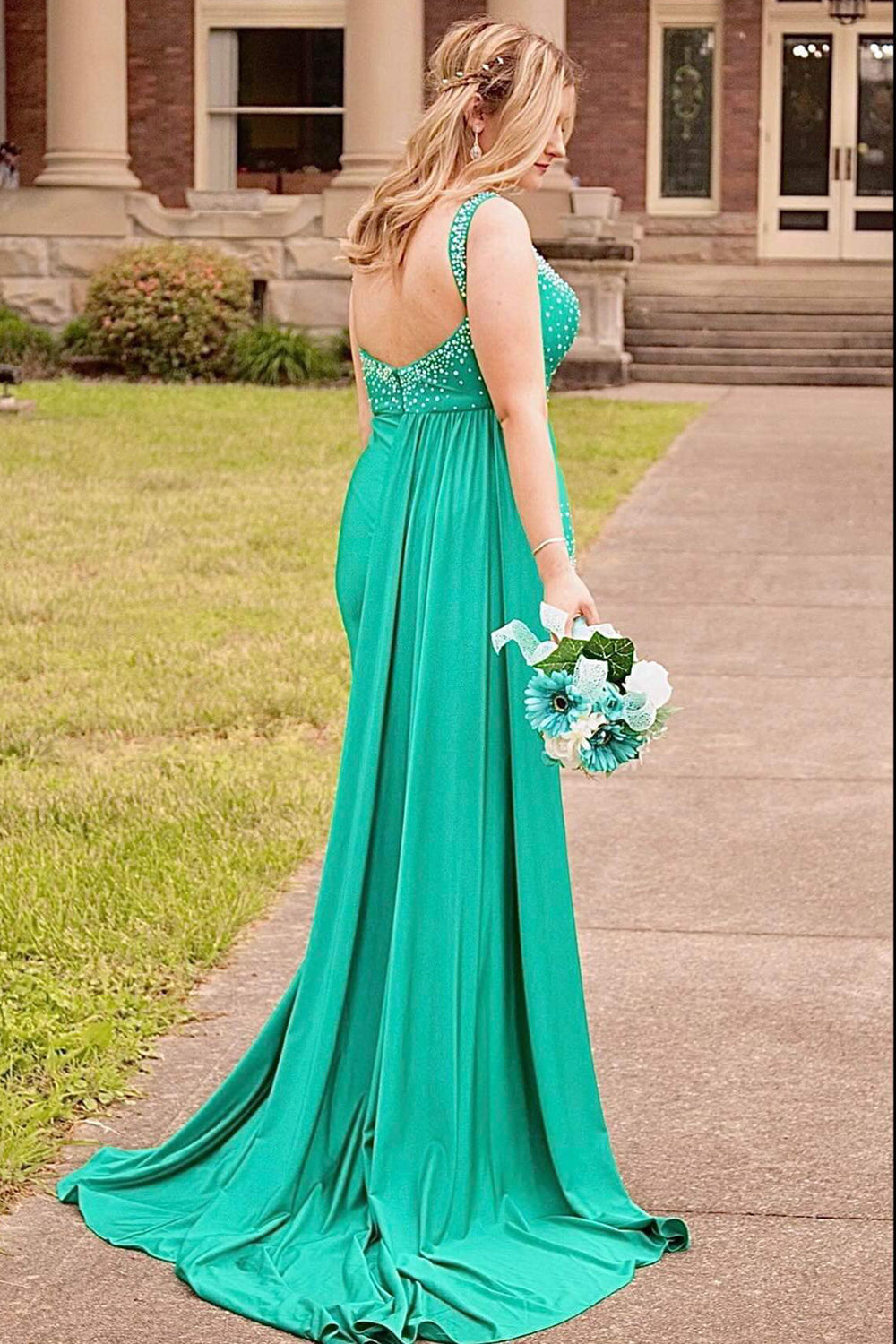 Dreamyannie Green Prom Dress Beaded Side Cape Mermaid Long Formal Dress With Slit