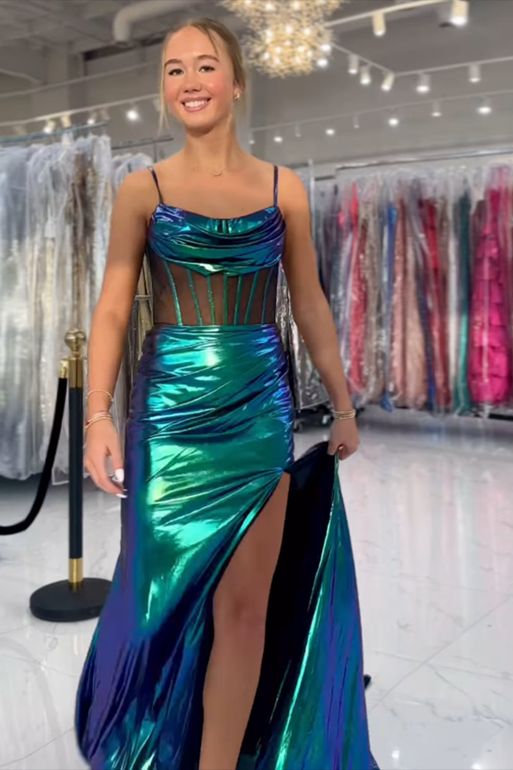 Dreamyannie Green Prom Dress Corset Metallic Long Formal Dress With Slit
