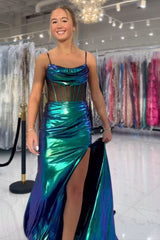 Dreamyannie Green Prom Dress Corset Metallic Long Formal Dress With Slit