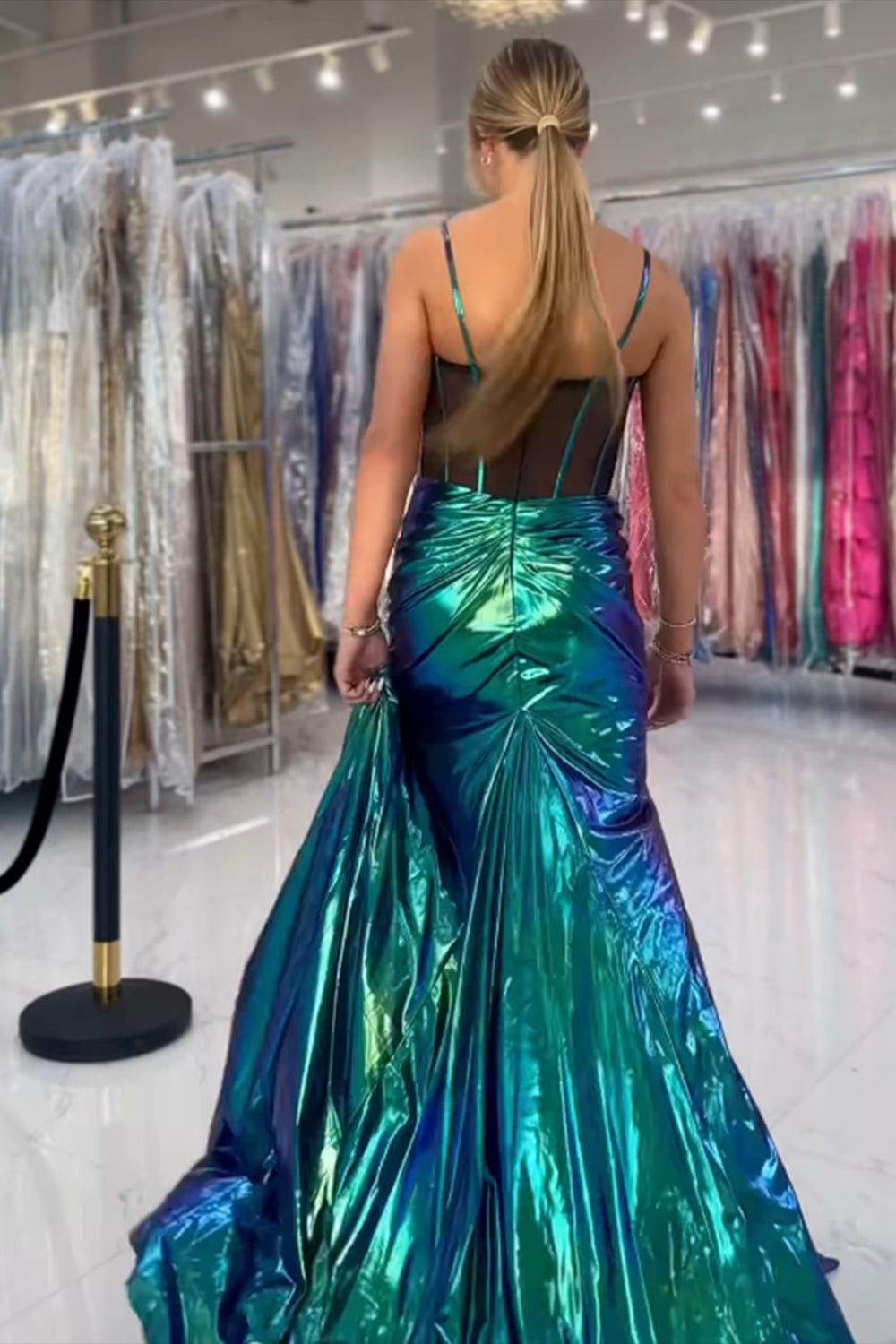 Dreamyannie Green Prom Dress Corset Metallic Long Formal Dress With Slit