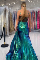 Dreamyannie Green Prom Dress Corset Metallic Long Formal Dress With Slit