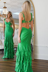 Dreamyannie Green Prom Dress Mermaid Ruffled Satin Long Formal Dress With Beadings