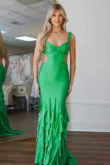 Dreamyannie Green Prom Dress Mermaid Ruffled Satin Long Formal Dress With Beadings