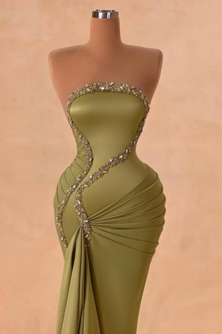 Dreamyannie Green Prom Dress Mermaid Strapless Beaded Satin Panel Train Formal Dress