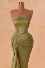 Dreamyannie Green Prom Dress Mermaid Strapless Beaded Satin Panel Train Formal Dress