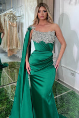 Dreamyannie Green Prom Dress Mermaid Strapless One Shoulder Beaded Cap Sleeve Satin Formal Dress With Appliques