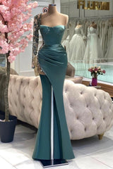 Dreamyannie Green Prom Dress Mermaid Strapless One Shoulder Beaded Satin Slit Formal Dress