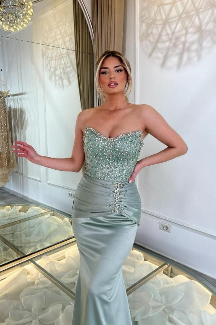 Dreamyannie Green Prom Dress Mermaid Strapless Sleeveless Beaded Satin Formal Dress With Pearls