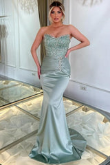 Dreamyannie Green Prom Dress Mermaid Strapless Sleeveless Beaded Satin Formal Dress With Pearls