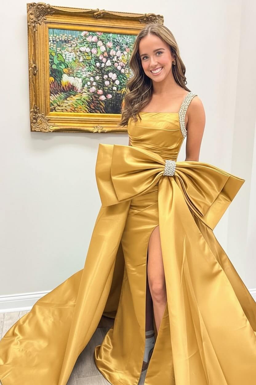 Dreamyannie Green Prom Dress Satin Beaded A Line Long Pageant Dress With Bow