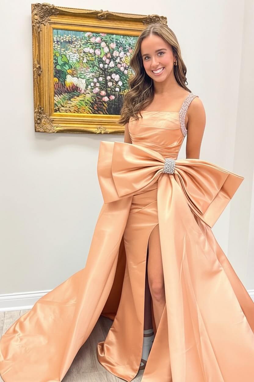 Dreamyannie Green Prom Dress Satin Beaded A Line Long Pageant Dress With Bow