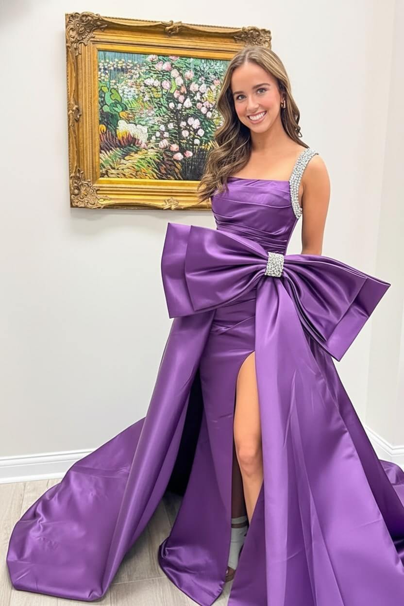 Dreamyannie Green Prom Dress Satin Beaded A Line Long Pageant Dress With Bow