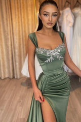 Dreamyannie Green Prom Dress Sleeveless Lace Satin Formal Dress With Slit