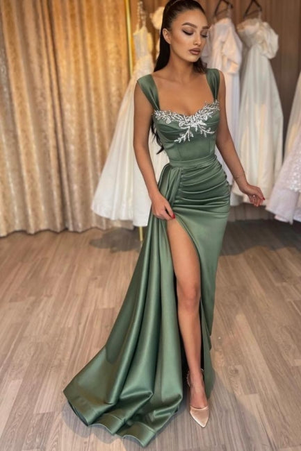 Dreamyannie Green Prom Dress Sleeveless Lace Satin Formal Dress With Slit