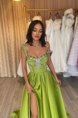 Dreamyannie Green Prom Dress Spaghetti Strap A Line Beaded Sleeveless Satin Formal Dress With Slit