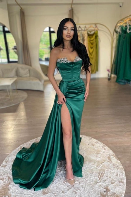 Dreamyannie Green Prom Dress Sweetheart A Line Beaded Sleeveless Satin Panel Train Formal Dress With High Slit