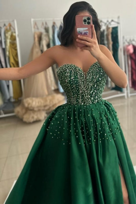Dreamyannie Green Prom Dress Sweetheart Beaded A Line Satin Slit Formal Dress