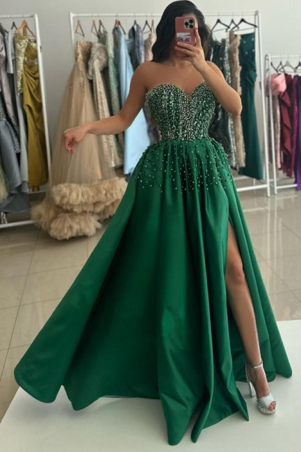 Dreamyannie Green Prom Dress Sweetheart Beaded A Line Satin Slit Formal Dress