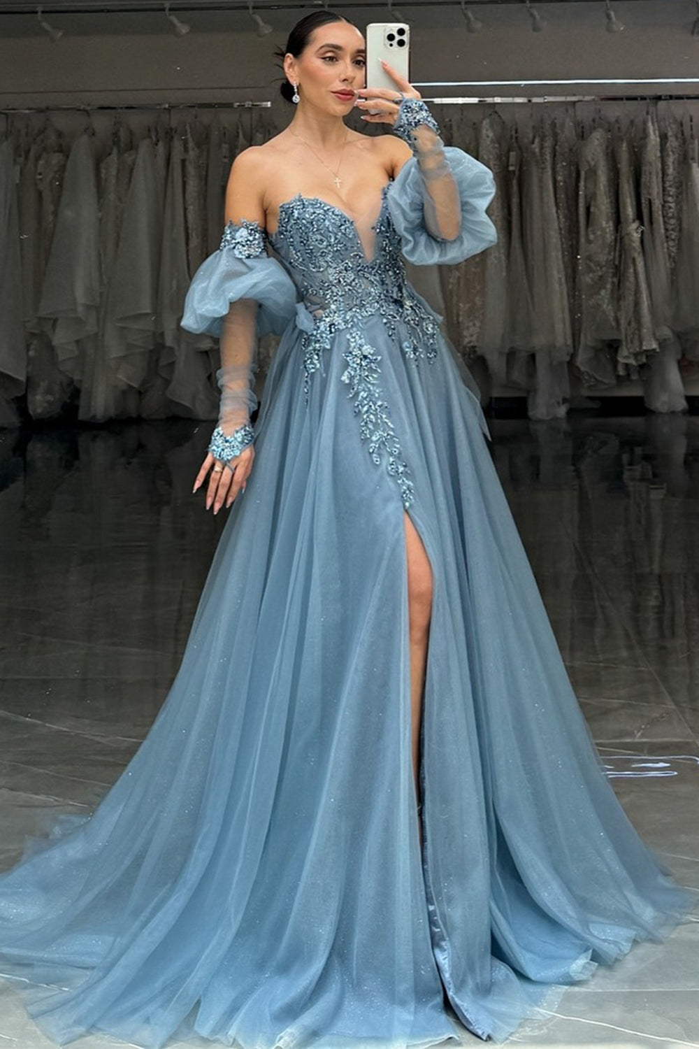 Dreamyannie Grey Blue Prom Dress A-Line Appliques Formal Dress With Slit