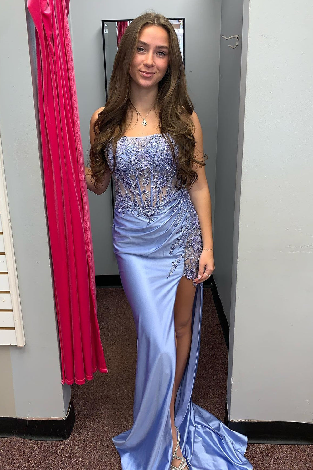 Dreamyannie Grey Blue Prom Dress Corset Sweetheart Long Formal Dress With Lace