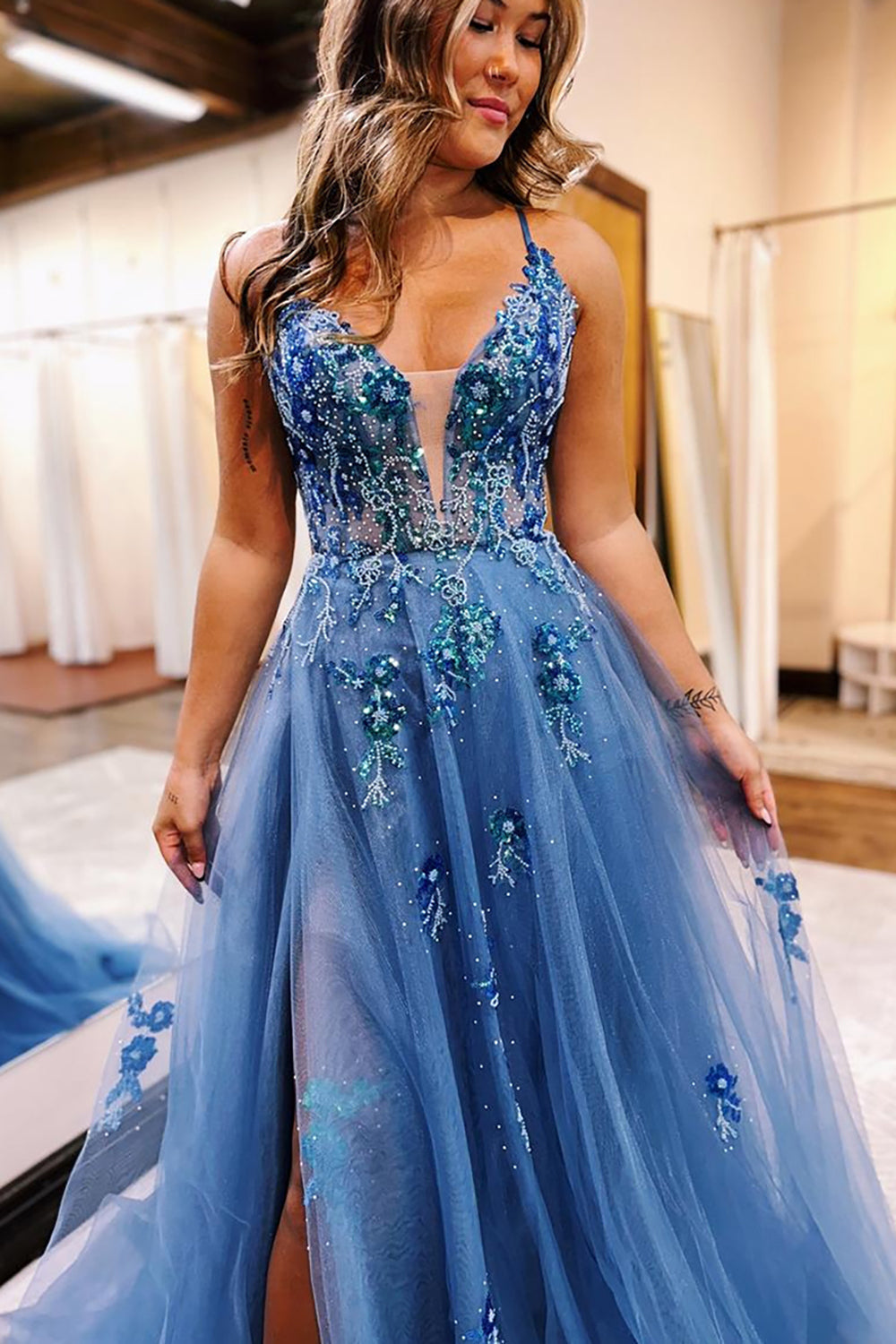 Dreamyannie Grey Blue Prom Dress Floral Spaghetti Straps Formal Dress With Slit