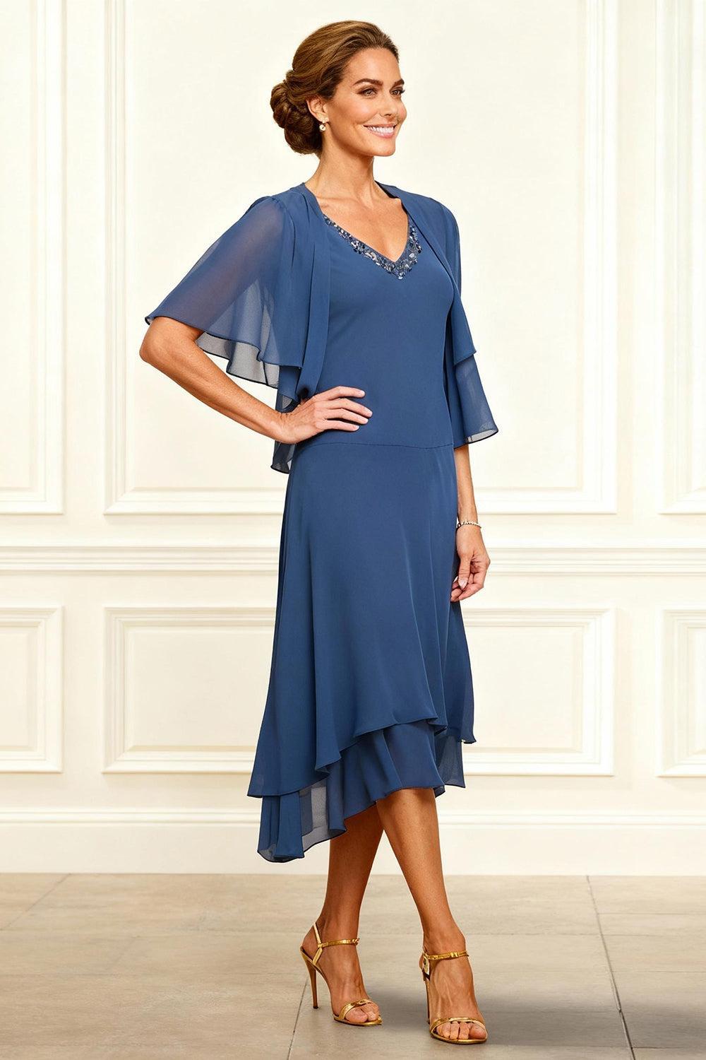 Dreamyannie Grey Blue V Neck Beaded 2 Piece Tea Length Mother Of The Bride Dress With Jacket