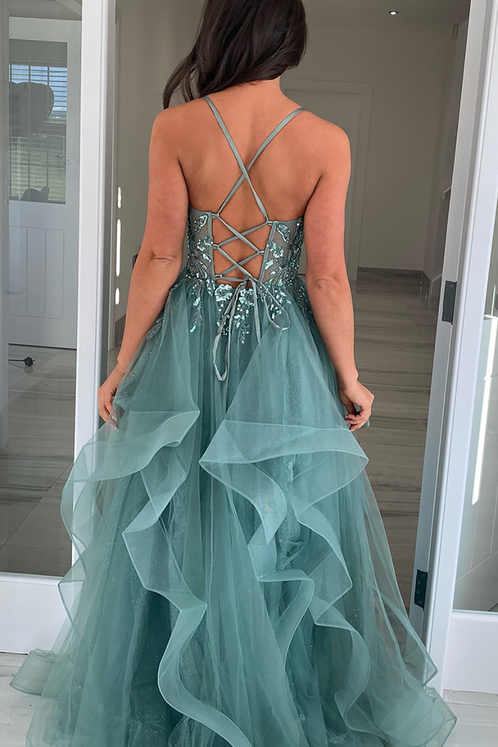 Dreamyannie Grey Green Prom Dress Floral Ruffled A-Line Spaghetti Straps Long Formal Dress