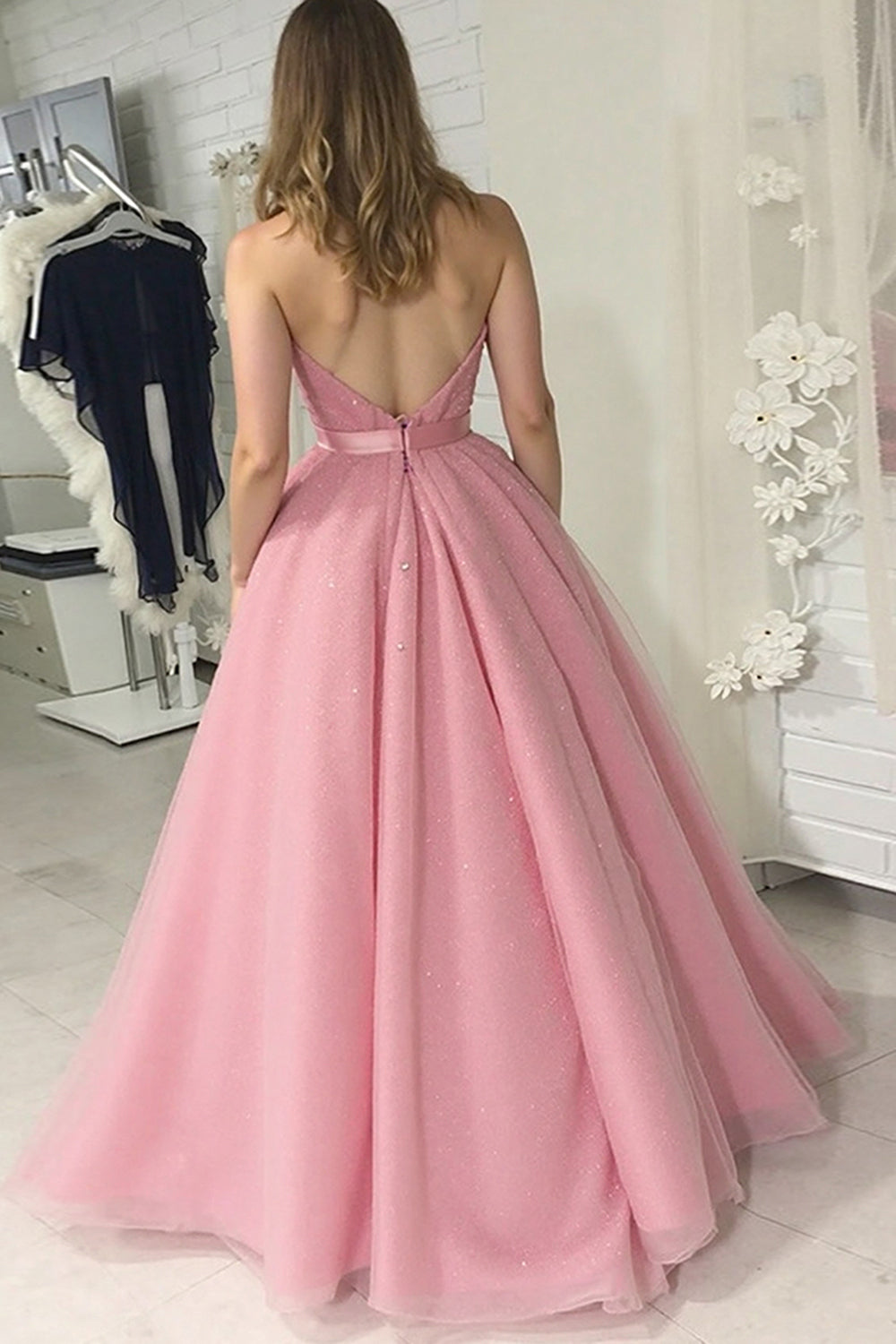 Dreamyannie Grey Pink Prom Dress Ball Gown Spaghetti Straps Formal Dress