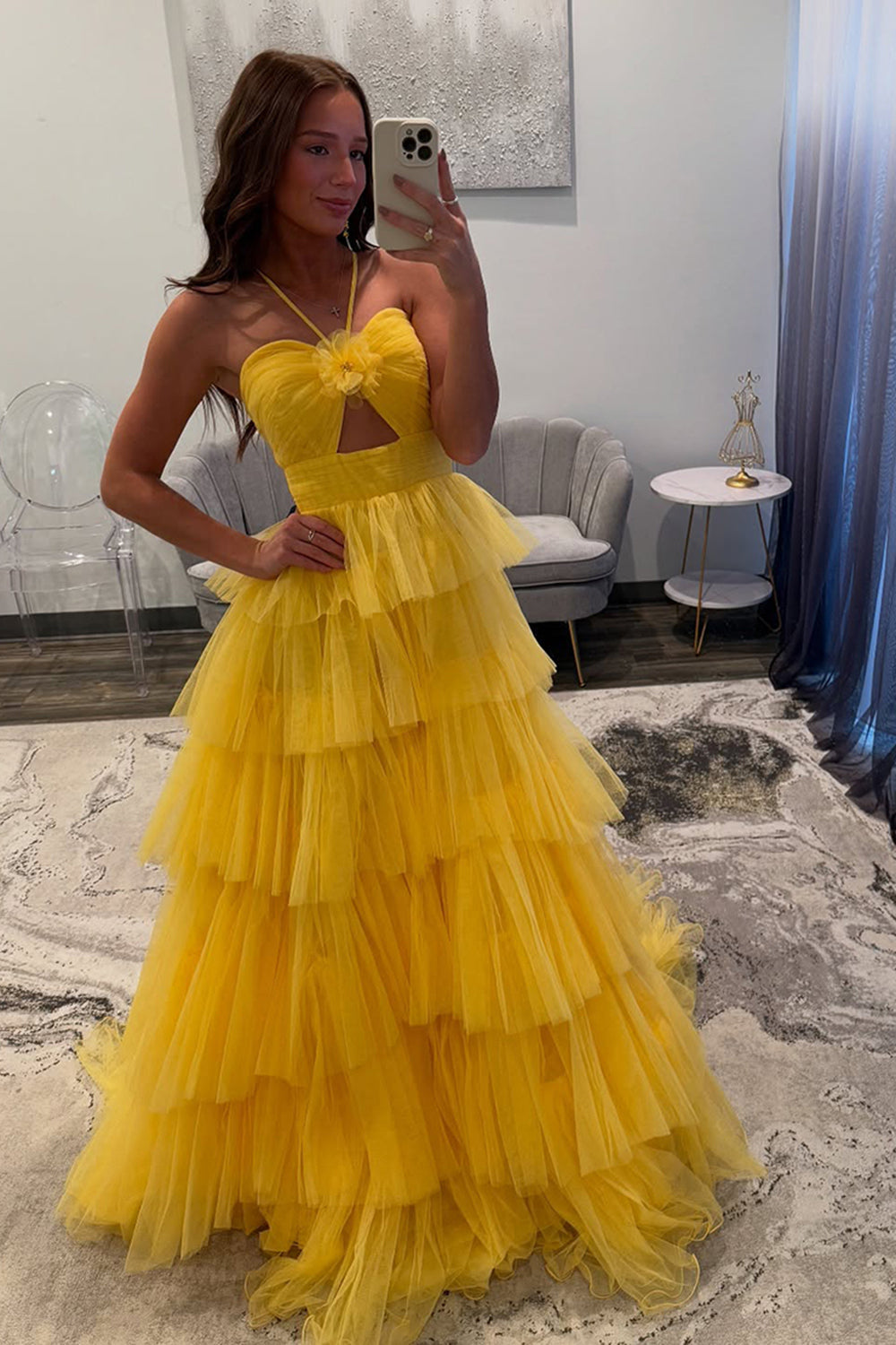 Dreamyannie Halter A Line Yellow Prom Dress Ruffled Tulle Long Formal Dress With Keyhole