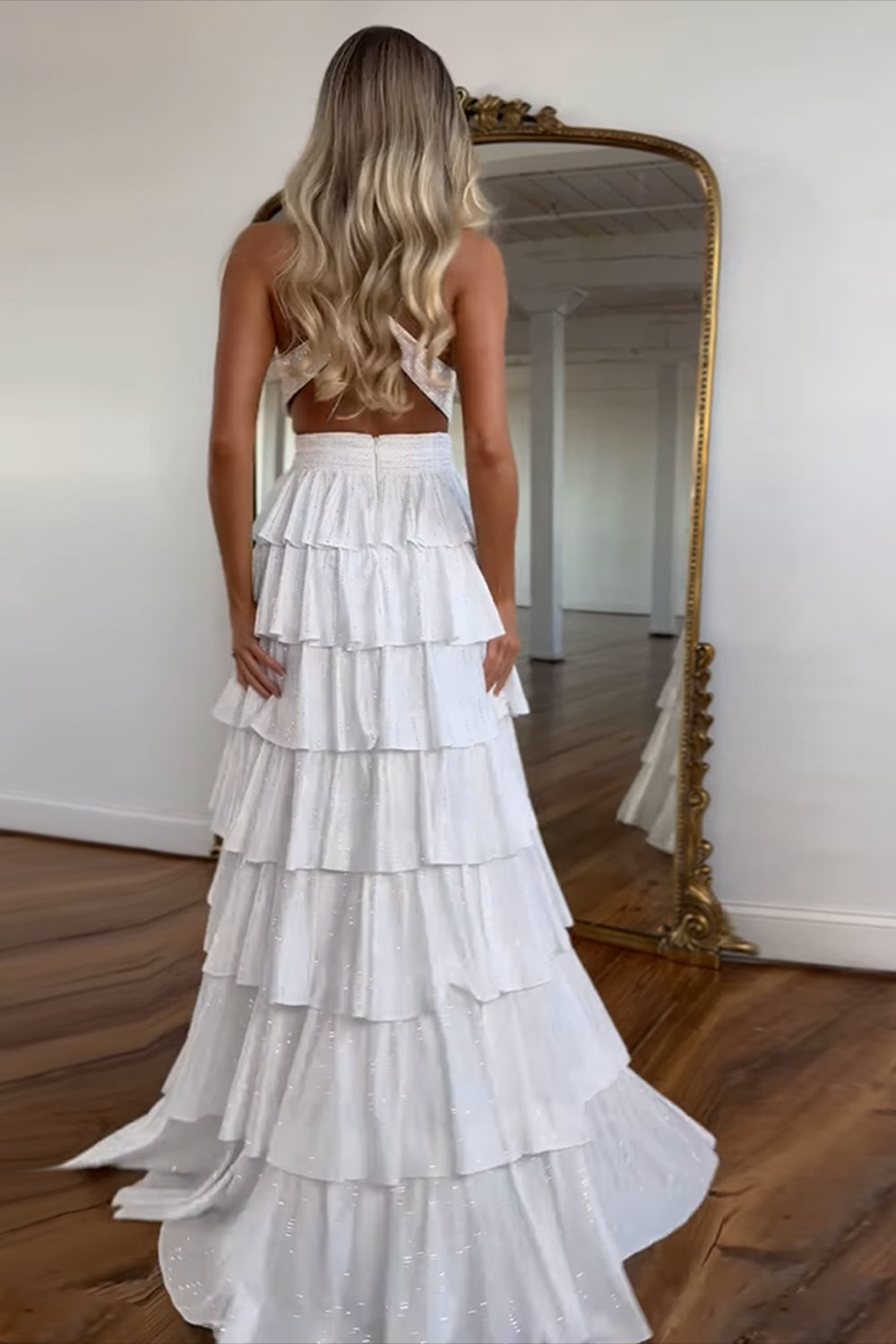 Dreamyannie Halter Grey Prom Dress Tiered A-Line Long Formal Dress With Slit