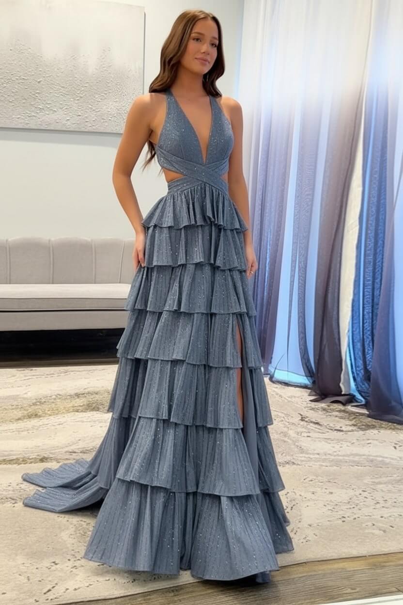 Dreamyannie Halter Grey Prom Dress Tiered A-Line Long Formal Dress With Slit