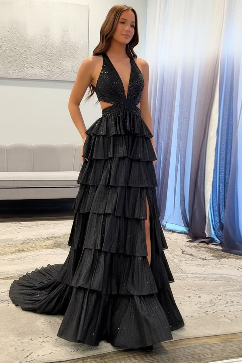 Dreamyannie Halter Grey Prom Dress Tiered A-Line Long Formal Dress With Slit