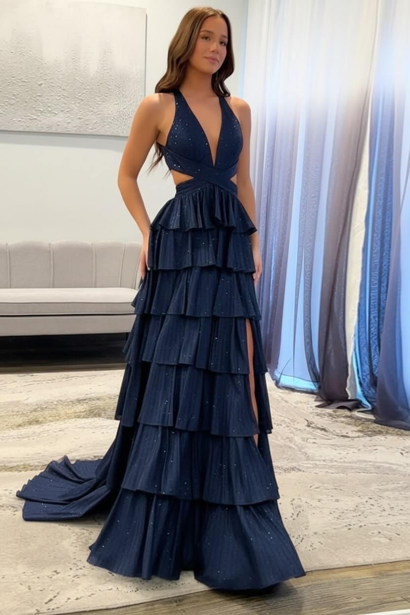 Dreamyannie Halter Grey Prom Dress Tiered A-Line Long Formal Dress With Slit