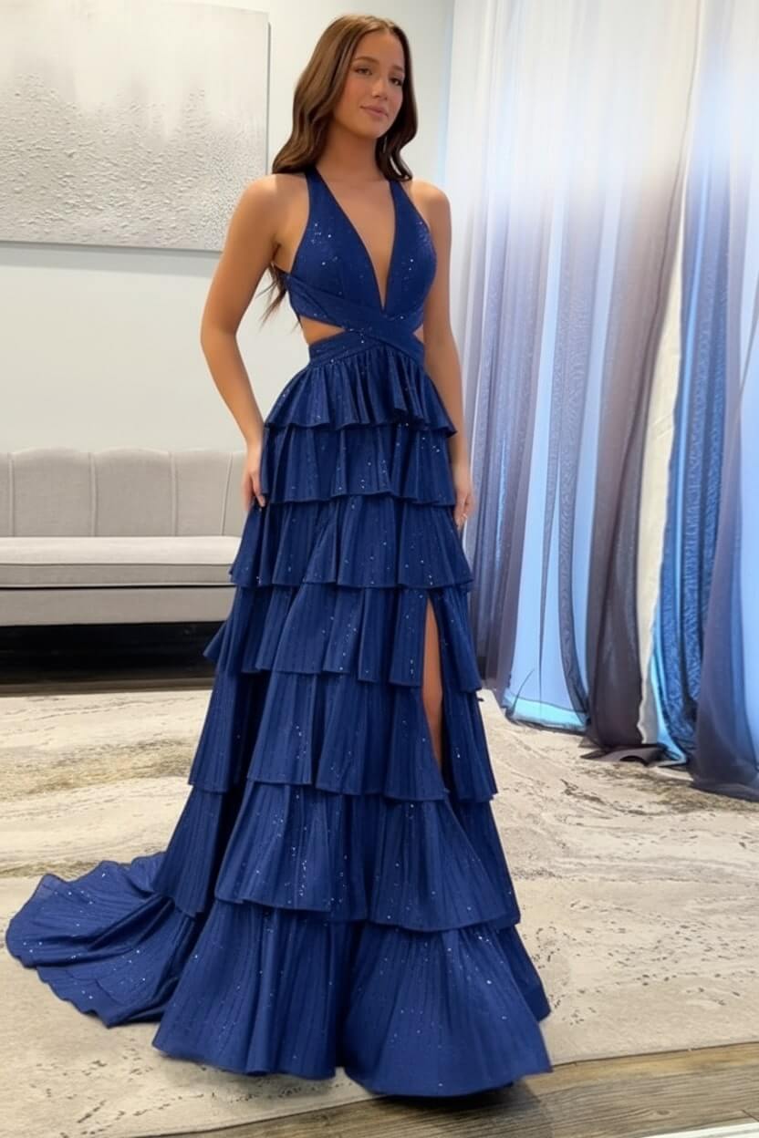 Dreamyannie Halter Grey Prom Dress Tiered A-Line Long Formal Dress With Slit