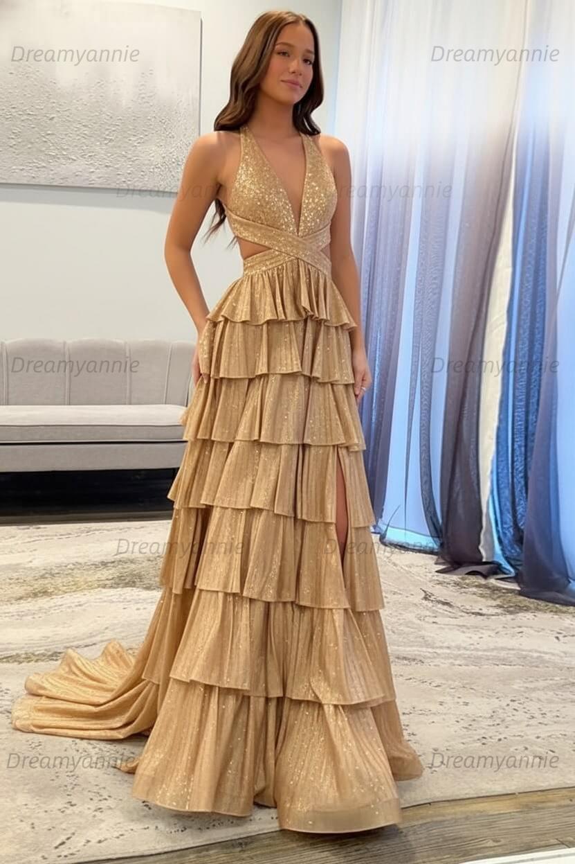 Dreamyannie Women Halter Grey Prom Dress Tiered A-Line Long Formal