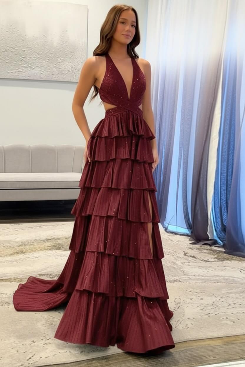 Dreamyannie Halter Grey Prom Dress Tiered A-Line Long Formal Dress With Slit