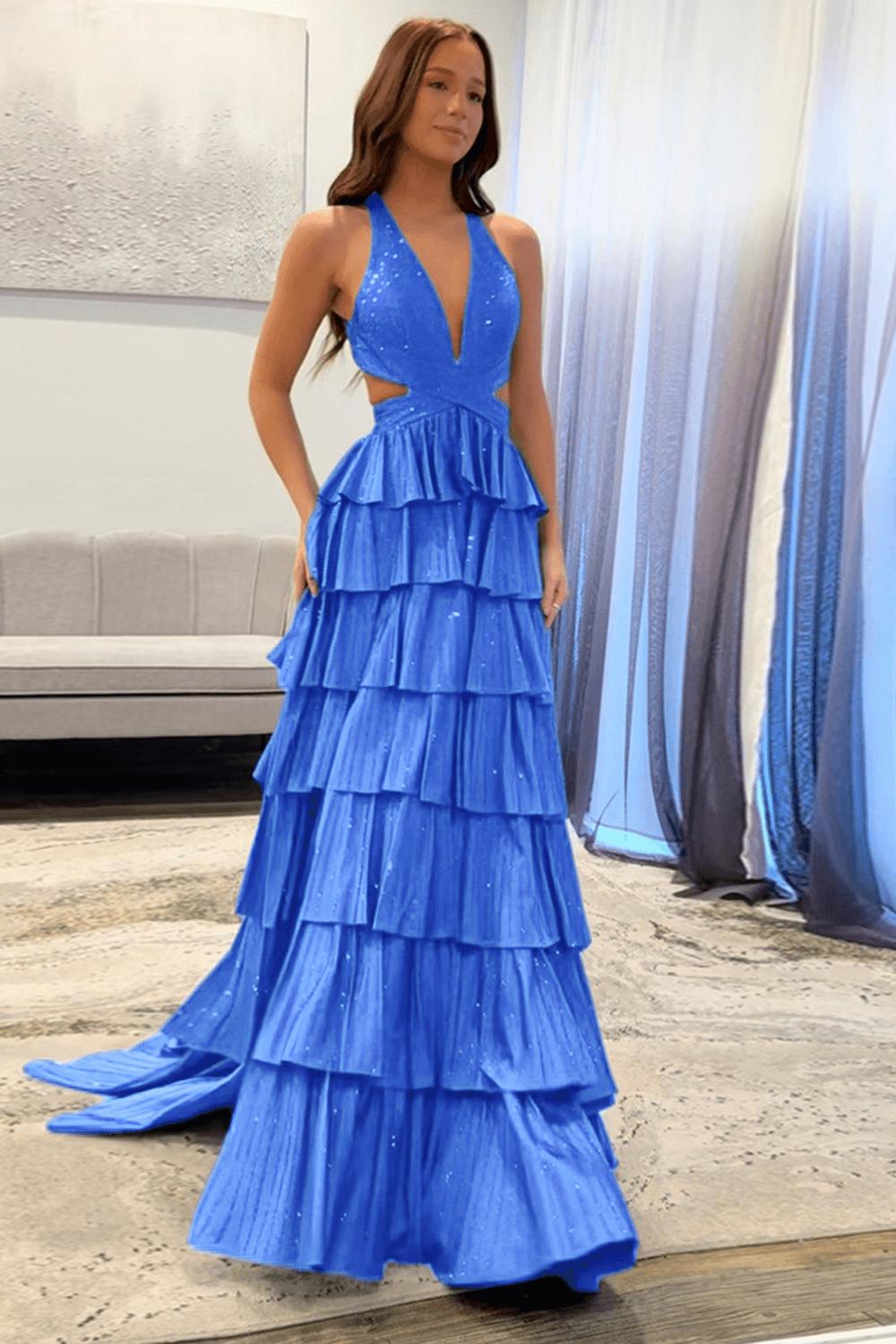 Dreamyannie Halter Grey Prom Dress Tiered A-Line Long Formal Dress With Slit