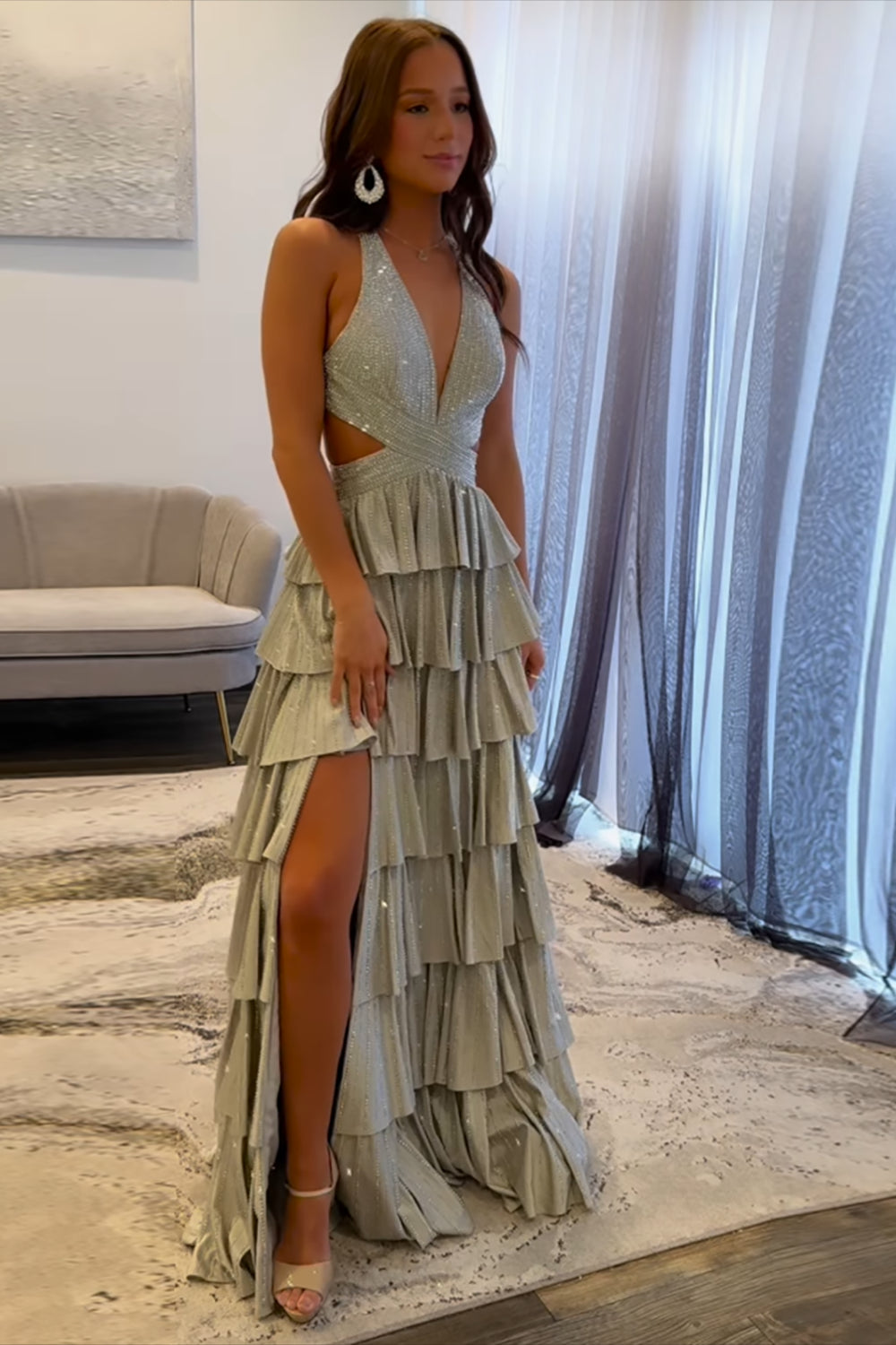 Dreamyannie Halter Grey Prom Dress Tiered A-Line Long Formal Dress With Slit
