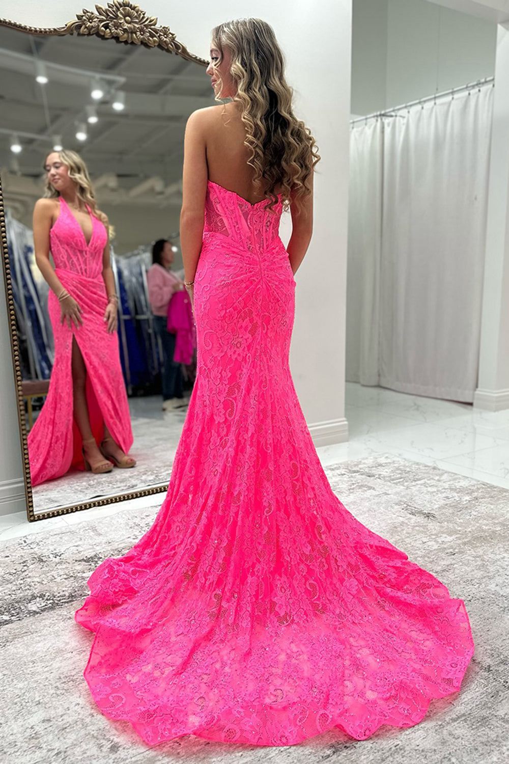 Dreamyannie Halter Pink Prom Dress Long Lace Formal Dress With Slit