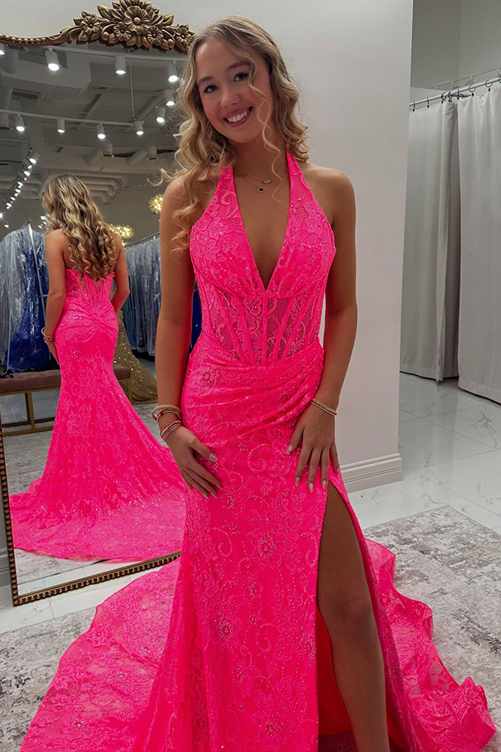 Dreamyannie Halter Pink Prom Dress Long Lace Formal Dress With Slit