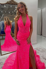 Dreamyannie Halter Pink Prom Dress Long Lace Formal Dress With Slit