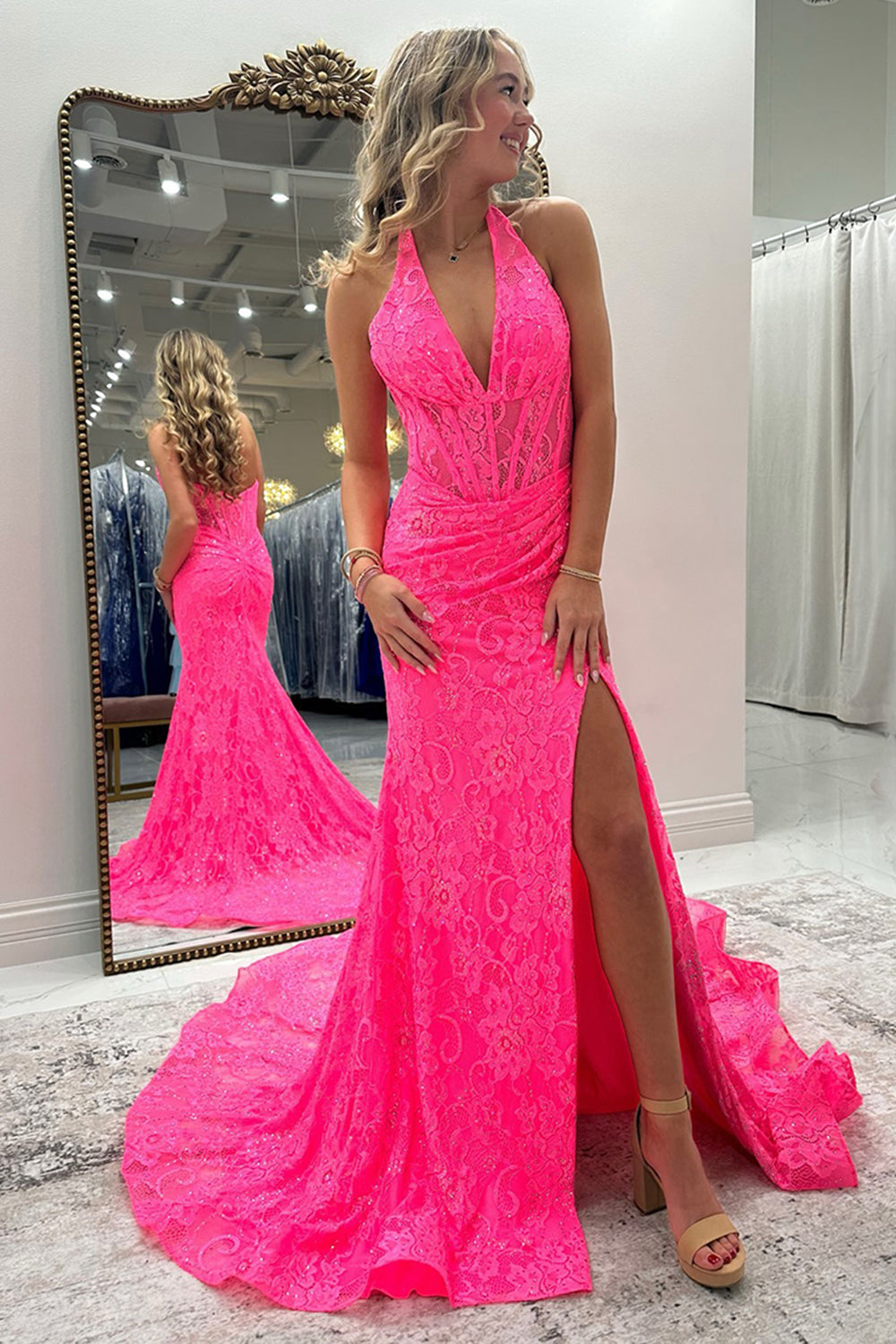 Dreamyannie Halter Pink Prom Dress Long Lace Formal Dress With Slit