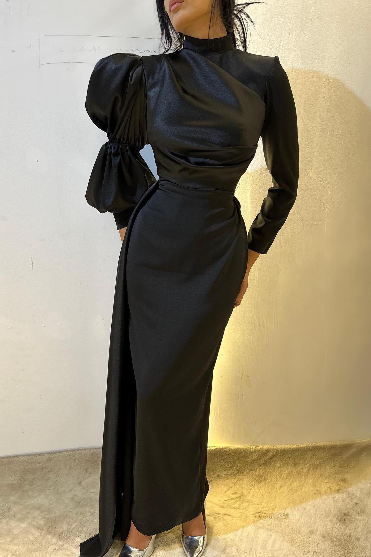 Dreamyannie High Neck Long Sleeve Formal Dress Column Satin Black Evening Dress