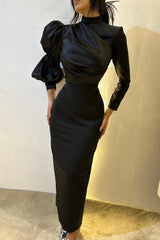 Dreamyannie High Neck Long Sleeve Formal Dress Column Satin Black Evening Dress