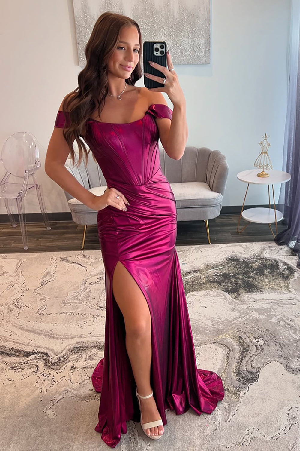 Dreamyannie Hot Pink Prom Dress Ruched Corset Metallic Mermaid Formal Dress With Slit