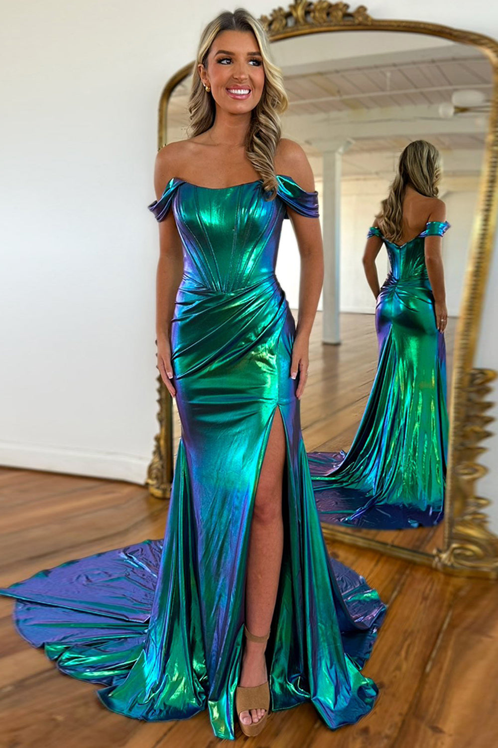 Dreamyannie Hot Pink Prom Dress Ruched Corset Metallic Mermaid Formal Dress With Slit