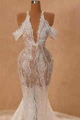 Dreamyannie Ivory Halter Wedding Dress Off The Shoulder Mermaid Slit Formal Dress With Lace