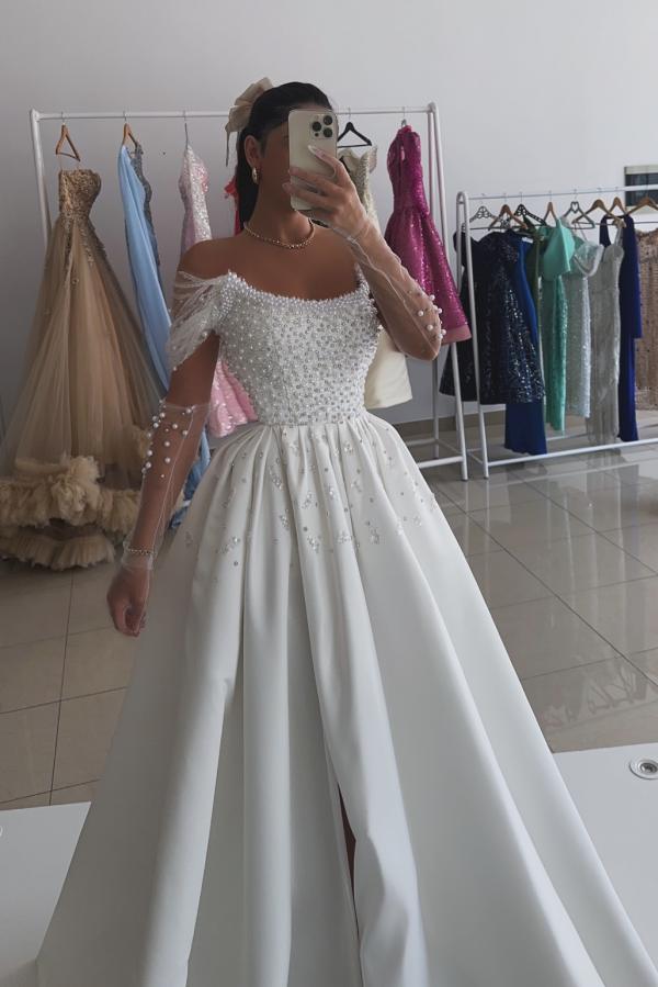 Dreamyannie Ivory Wedding Dress A Line Strapless Off The Shoulder Sleeveless Beaded Satin Formal Dress With Pearls