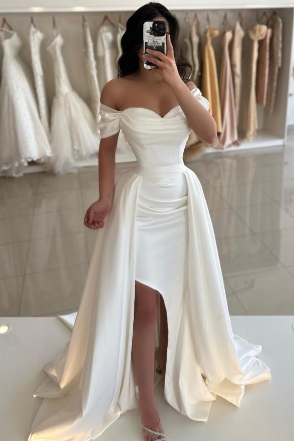 Dreamyannie Ivory Wedding Dress A Line Sweetheart Off The Shoulder Sleeveless Simple Satin Formal Dress