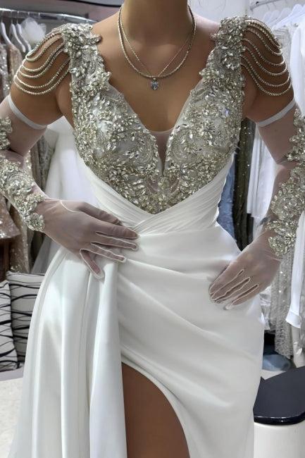 Dreamyannie Ivory Wedding Dress A Line V Neck Beaded Front Slit Panel Train Satin Formal Dress